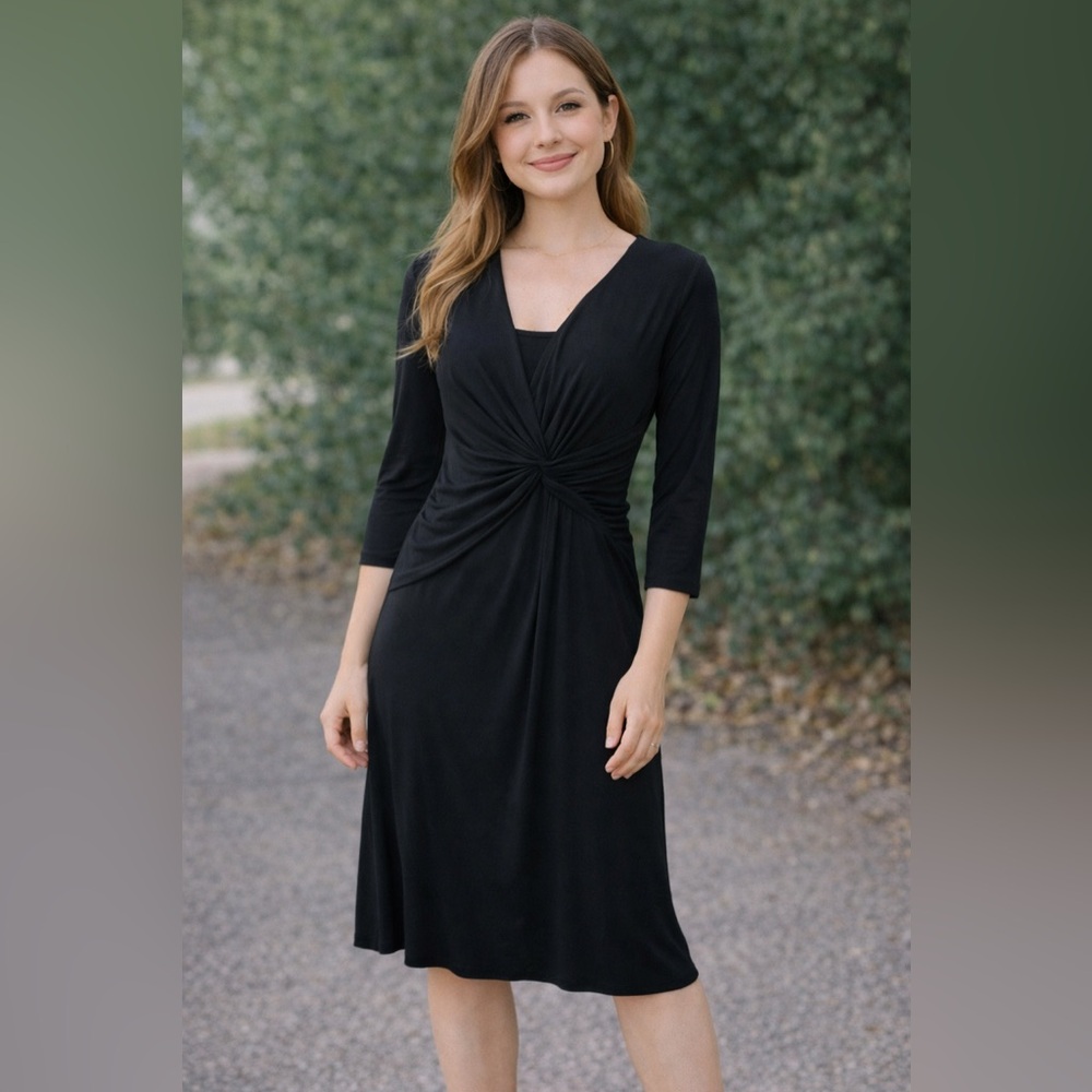Ann Taylor Little Black Dress LBD Twist Front 3/4 Sleeve Midi Size 4 Classic
